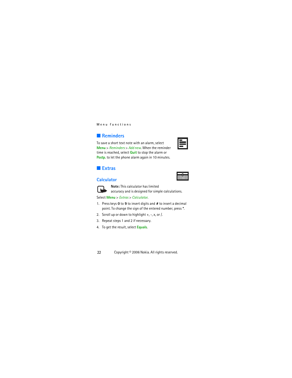 Reminders, Extras, Calculator | Reminders extras | Nokia 1112 User Manual | Page 35 / 60