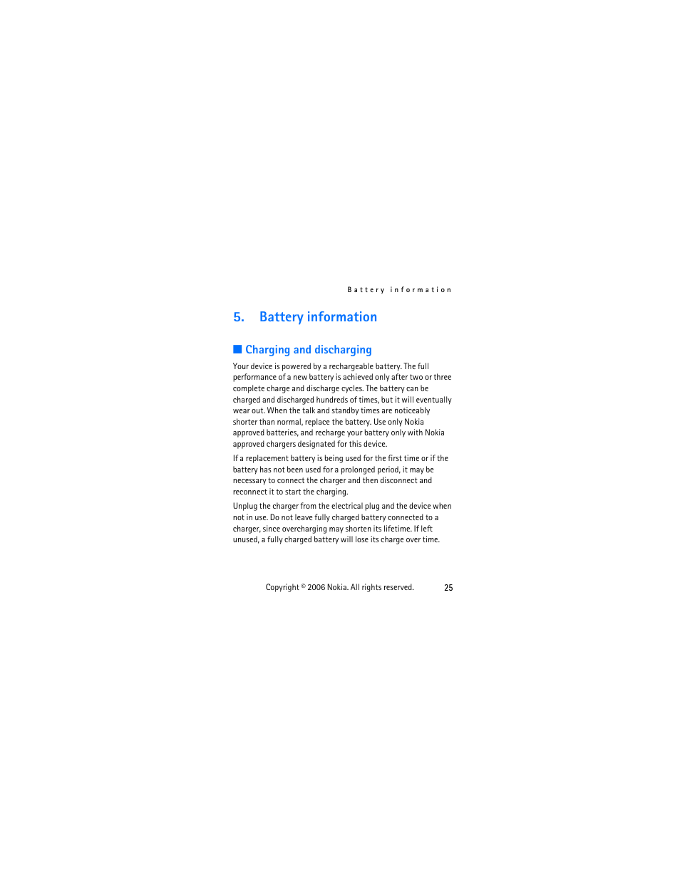 Battery information, Charging and discharging, Charging and discharging . 25 | Nokia 1112 User Manual | Page 38 / 60