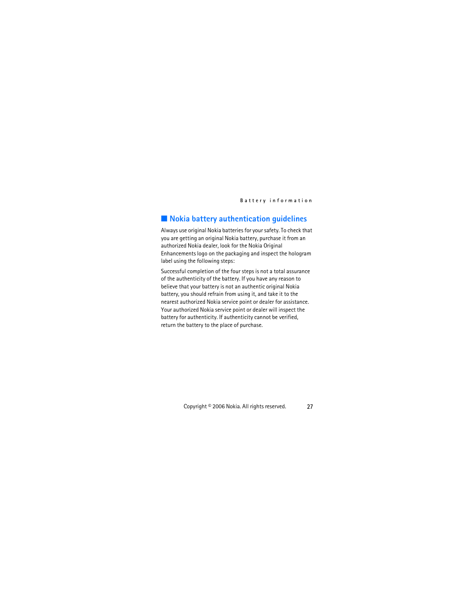 Nokia battery authentication guidelines | Nokia 1112 User Manual | Page 40 / 60
