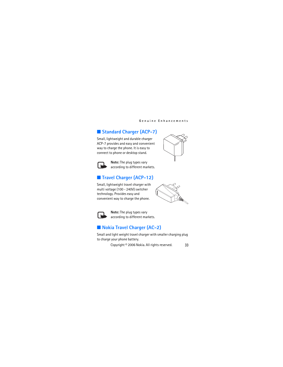 Standard charger (acp-7), Travel charger (acp-12), Nokia travel charger (ac-2) | Nokia 1112 User Manual | Page 46 / 60
