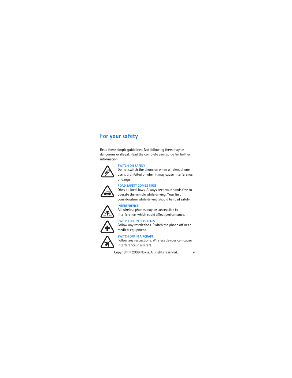 For your safety, Our safety .................. v | Nokia 1112 User Manual | Page 6 / 60