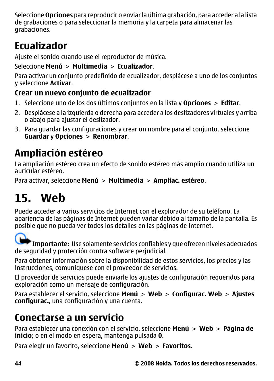 Ecualizador, Ampliación estéreo, Conectarse a un servicio | Nokia 3600 User Manual | Page 101 / 118