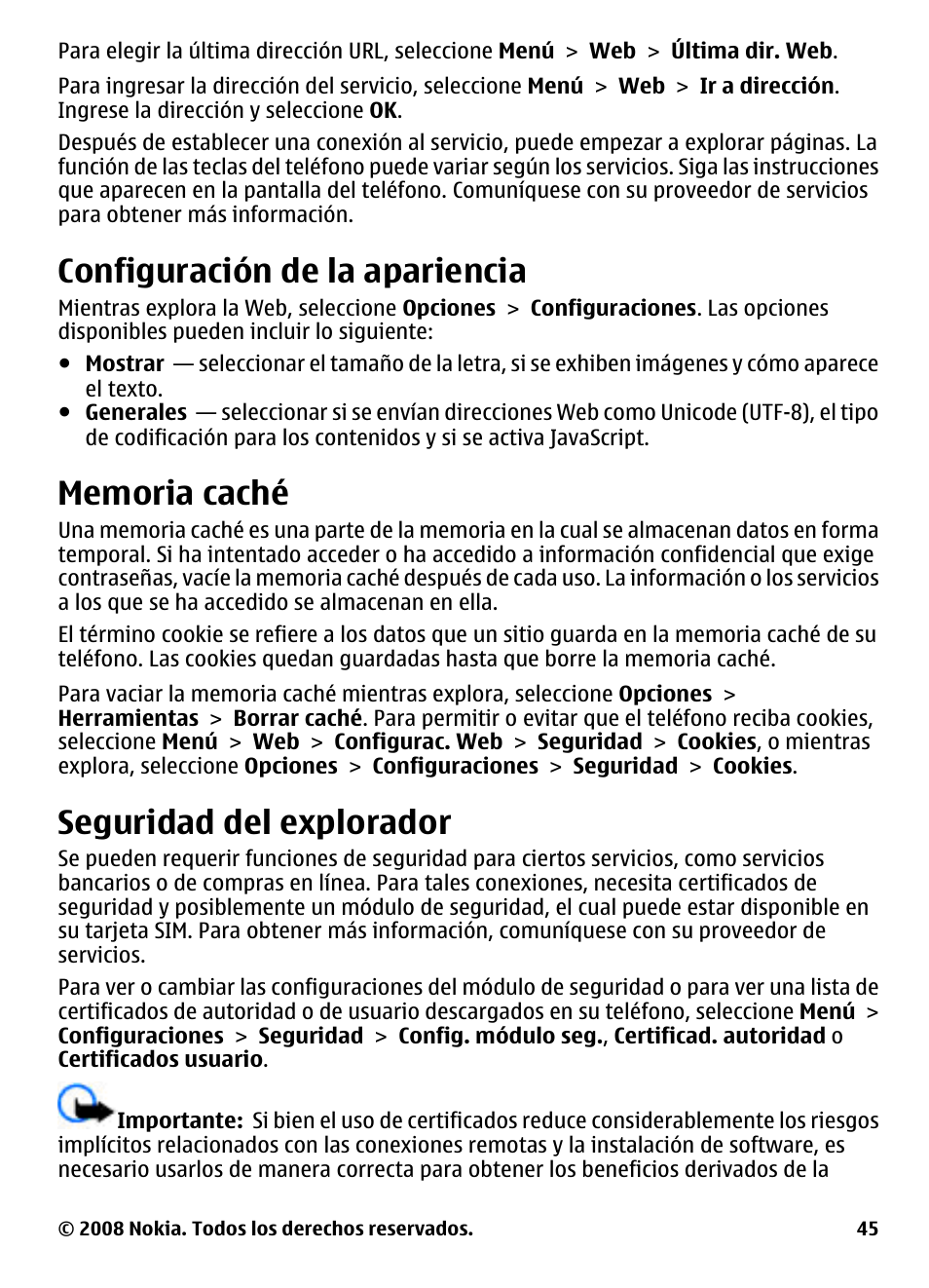 Configuración de la apariencia, Memoria caché, Seguridad del explorador | Teléfono, Consulte "seguridad del, Explorador", pág. 45 | Nokia 3600 User Manual | Page 102 / 118