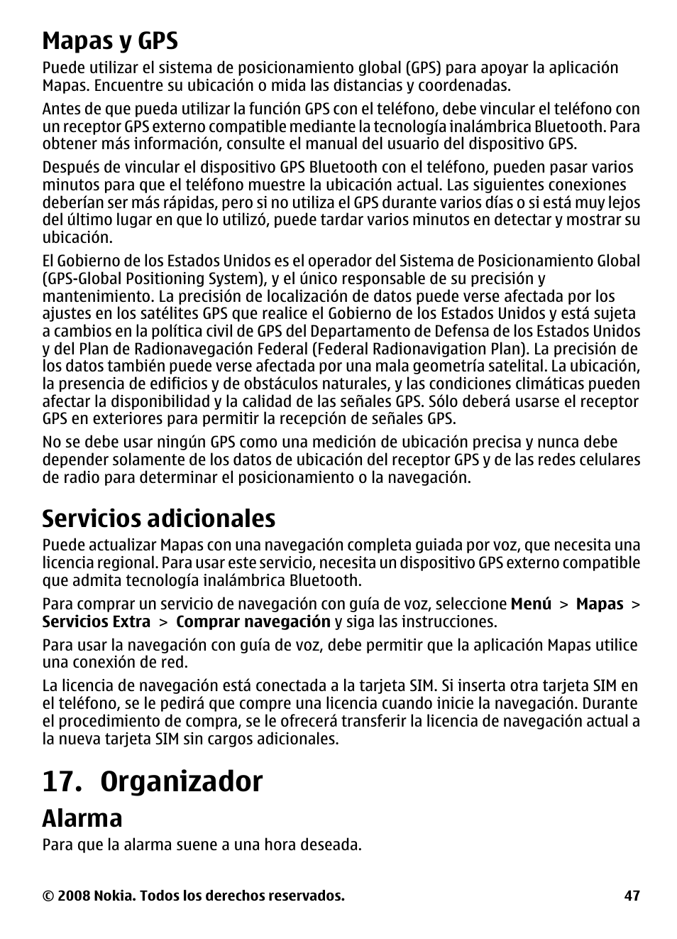 Mapas y gps, Servicios adicionales, Organizador | Alarma | Nokia 3600 User Manual | Page 104 / 118