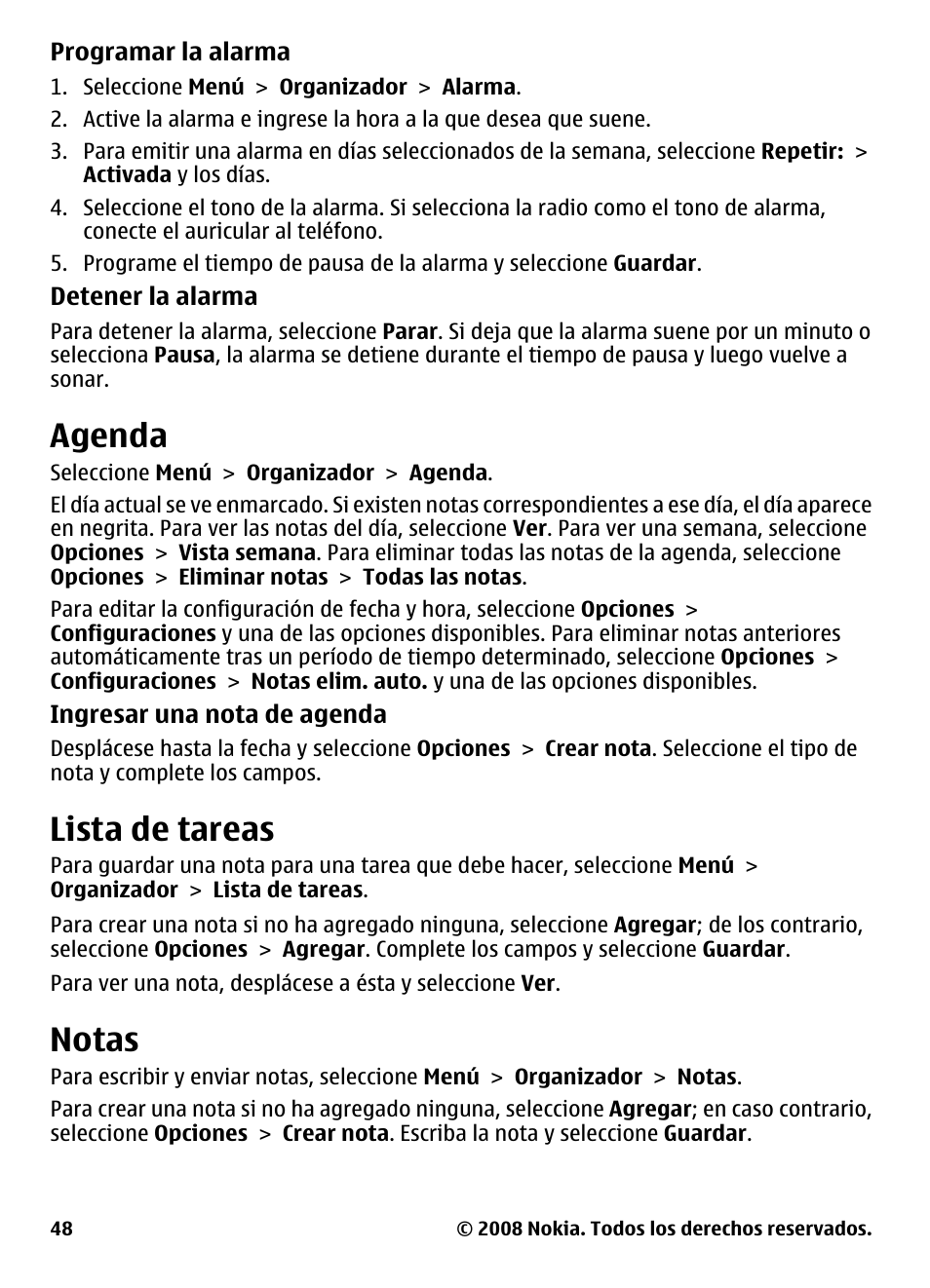 Agenda, Lista de tareas, Notas | Nokia 3600 User Manual | Page 105 / 118
