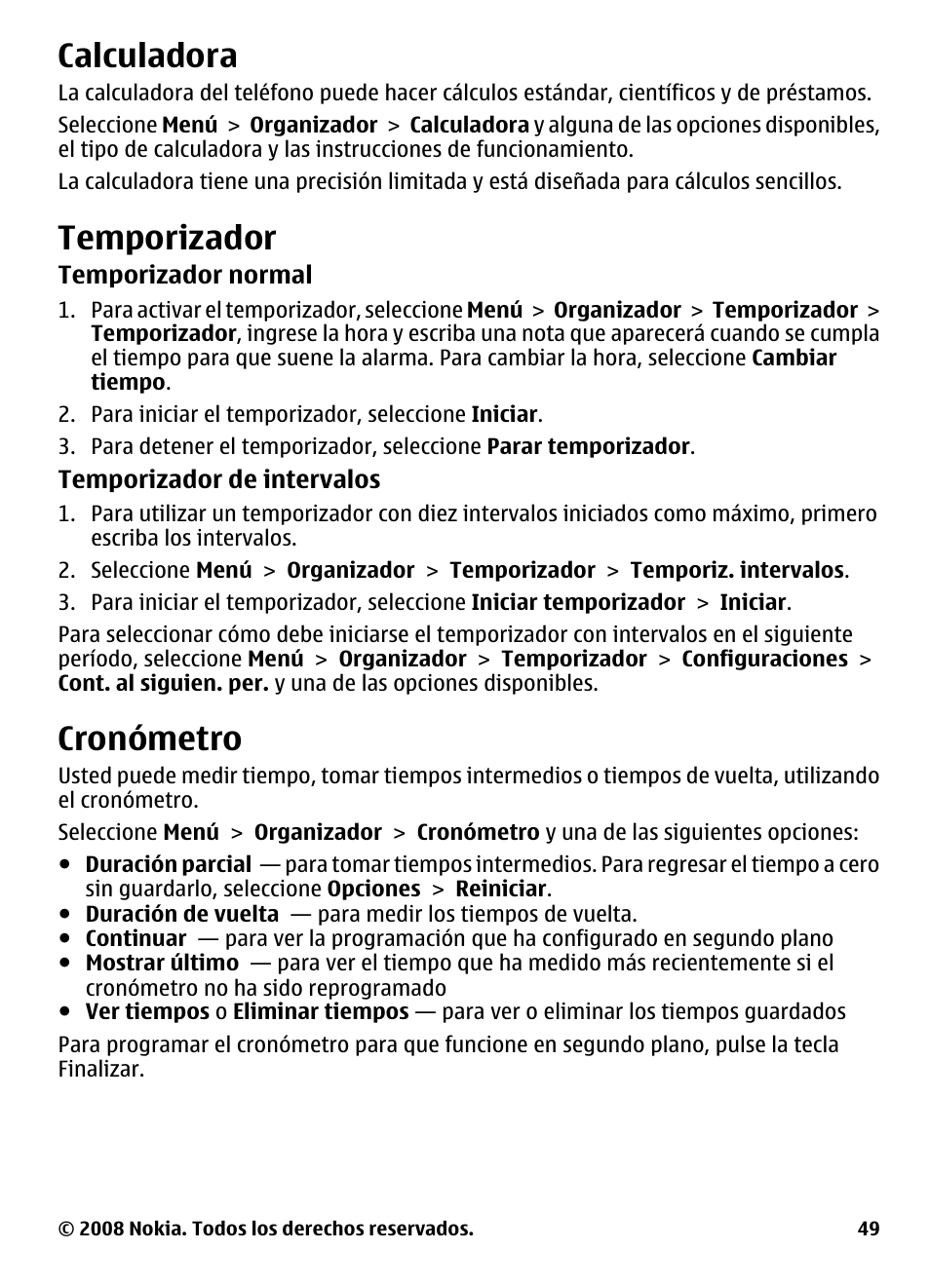 Calculadora, Temporizador, Cronómetro | Nokia 3600 User Manual | Page 106 / 118