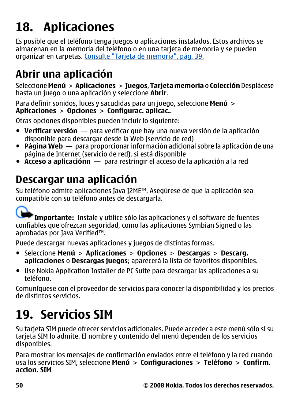 Aplicaciones, Abrir una aplicación, Descargar una aplicación | Servicios sim, Consulte "servicios sim", pág. 50 | Nokia 3600 User Manual | Page 107 / 118