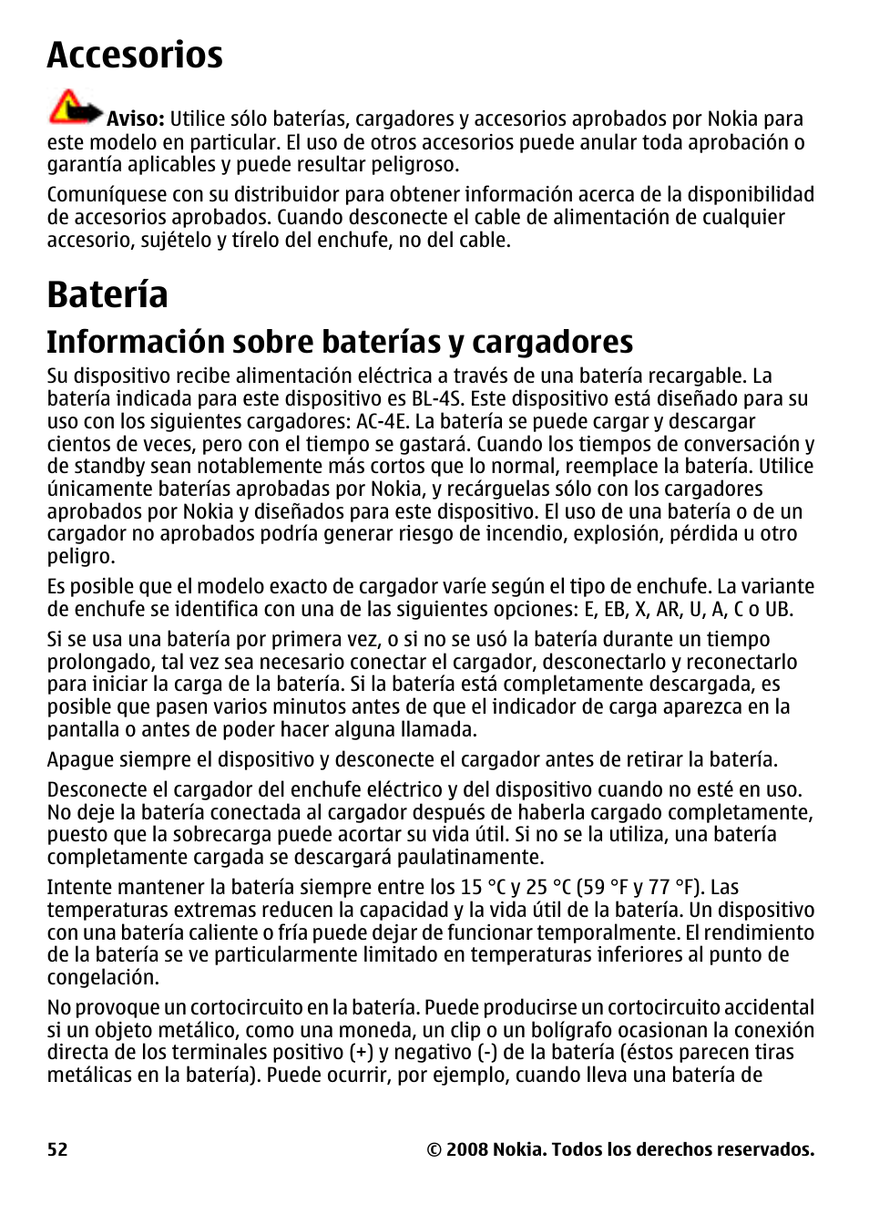 Accesorios, Batería, Información sobre baterías y cargadores | Accesorios batería, Información sobre baterías y, Cargadores | Nokia 3600 User Manual | Page 109 / 118