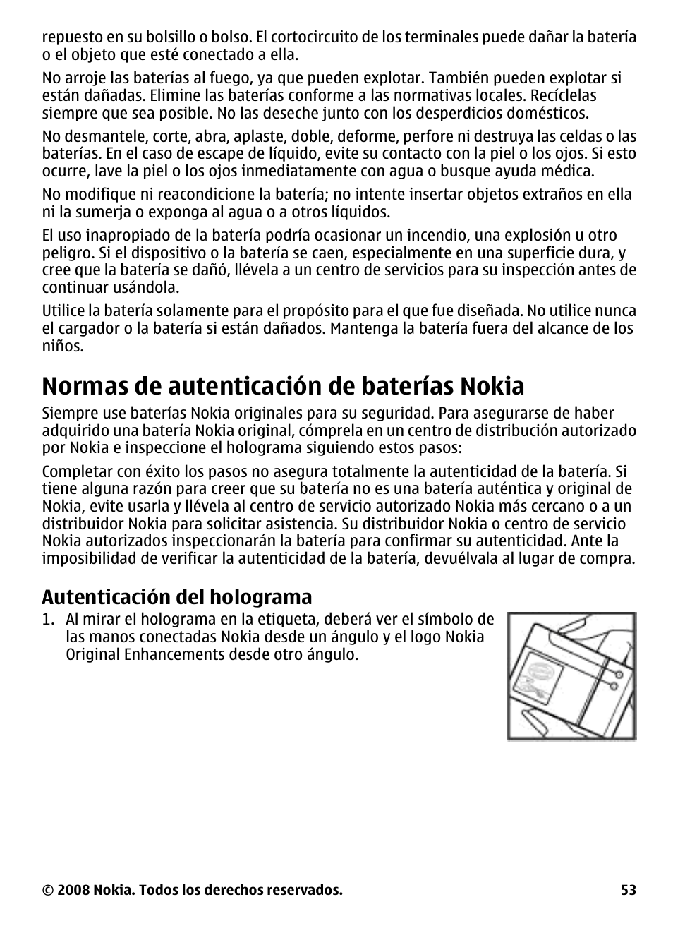 Normas de autenticación de baterías nokia, Autenticación del holograma, Normas de autenticación de baterías | Nokia | Nokia 3600 User Manual | Page 110 / 118