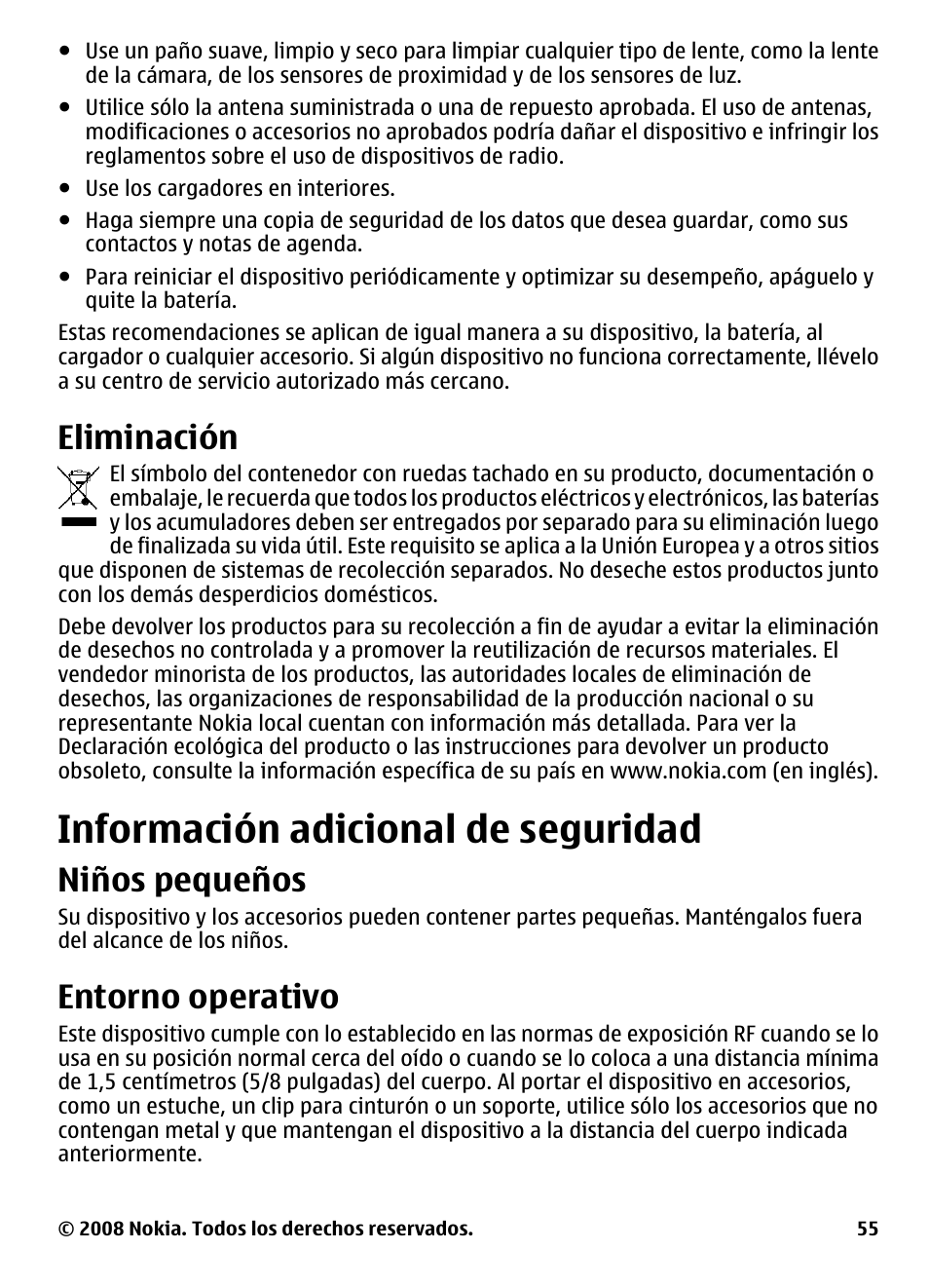 Eliminación, Información adicional de seguridad, Niños pequeños | Entorno operativo, Información adicional de, Seguridad | Nokia 3600 User Manual | Page 112 / 118