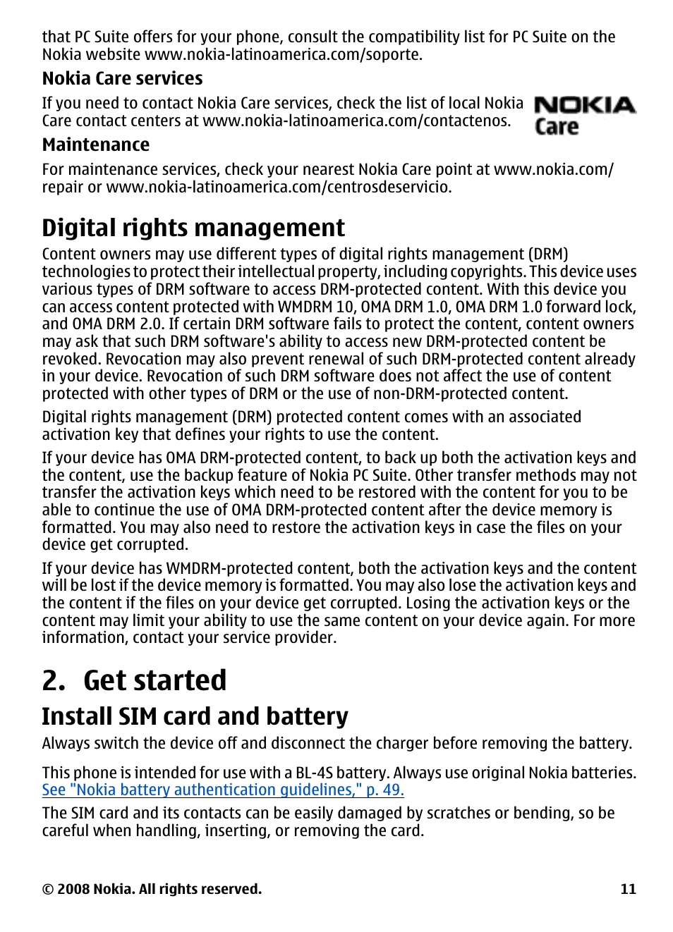 Digital rights management, Get started, Install sim card and battery | Nokia 3600 User Manual | Page 12 / 118