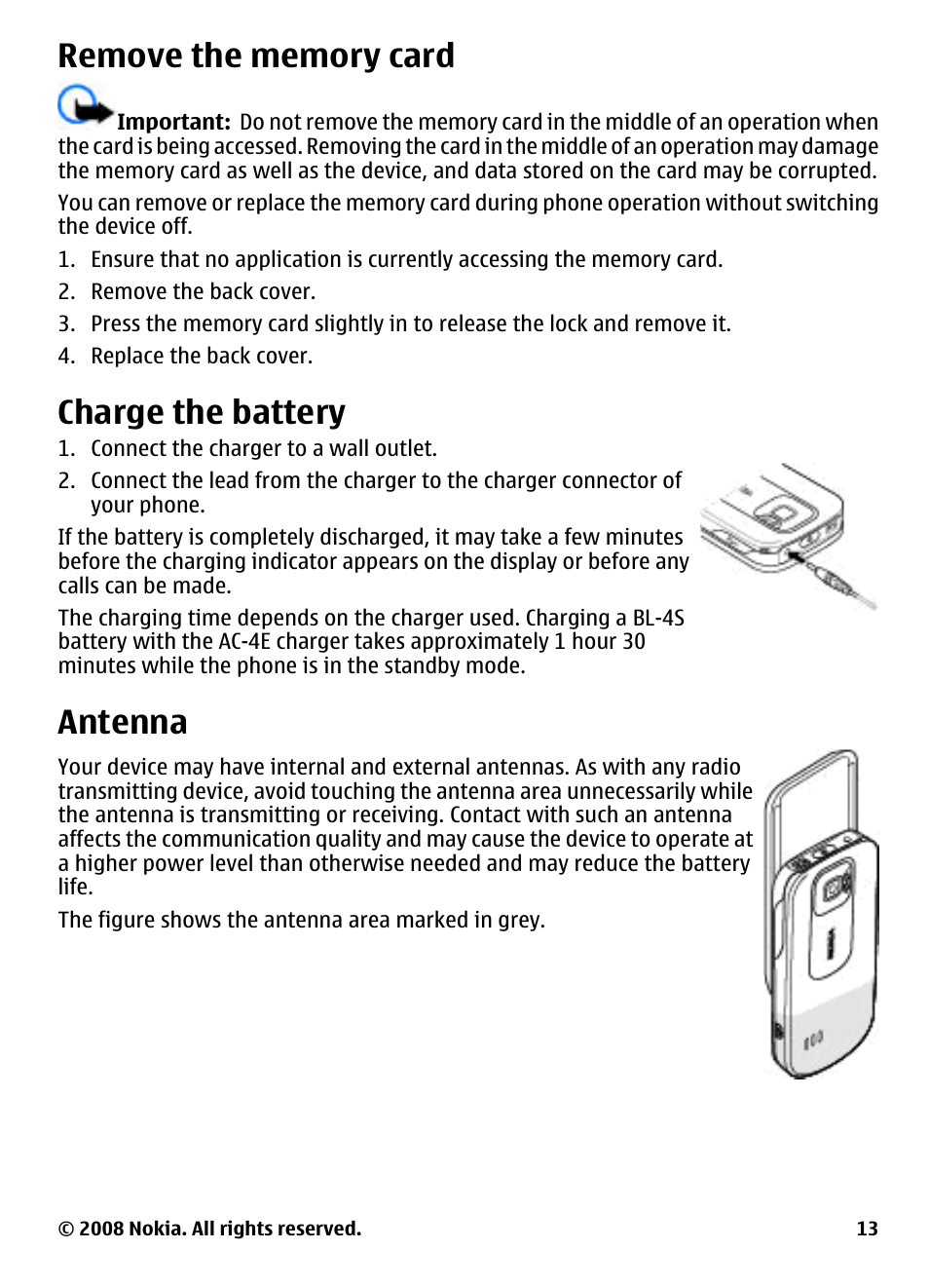 Remove the memory card, Charge the battery, Antenna | Nokia 3600 User Manual | Page 14 / 118