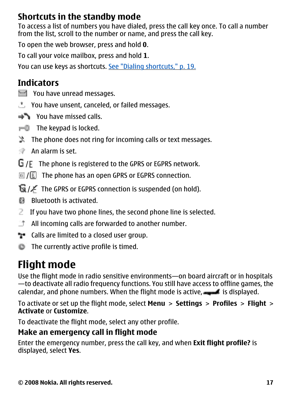 Shortcuts in the standby mode, Indicators, Flight mode | Nokia 3600 User Manual | Page 18 / 118