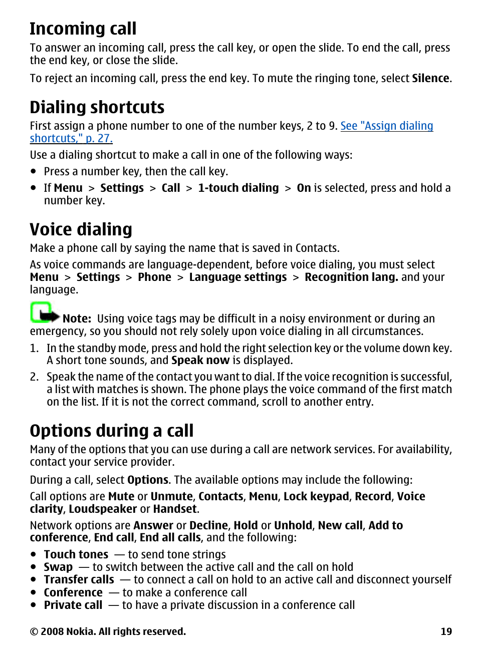 Incoming call, Dialing shortcuts, Voice dialing | Options during a call | Nokia 3600 User Manual | Page 20 / 118