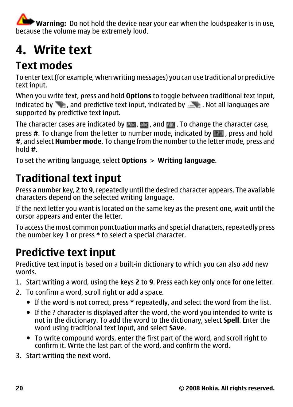 Write text, Text modes, Traditional text input | Predictive text input | Nokia 3600 User Manual | Page 21 / 118