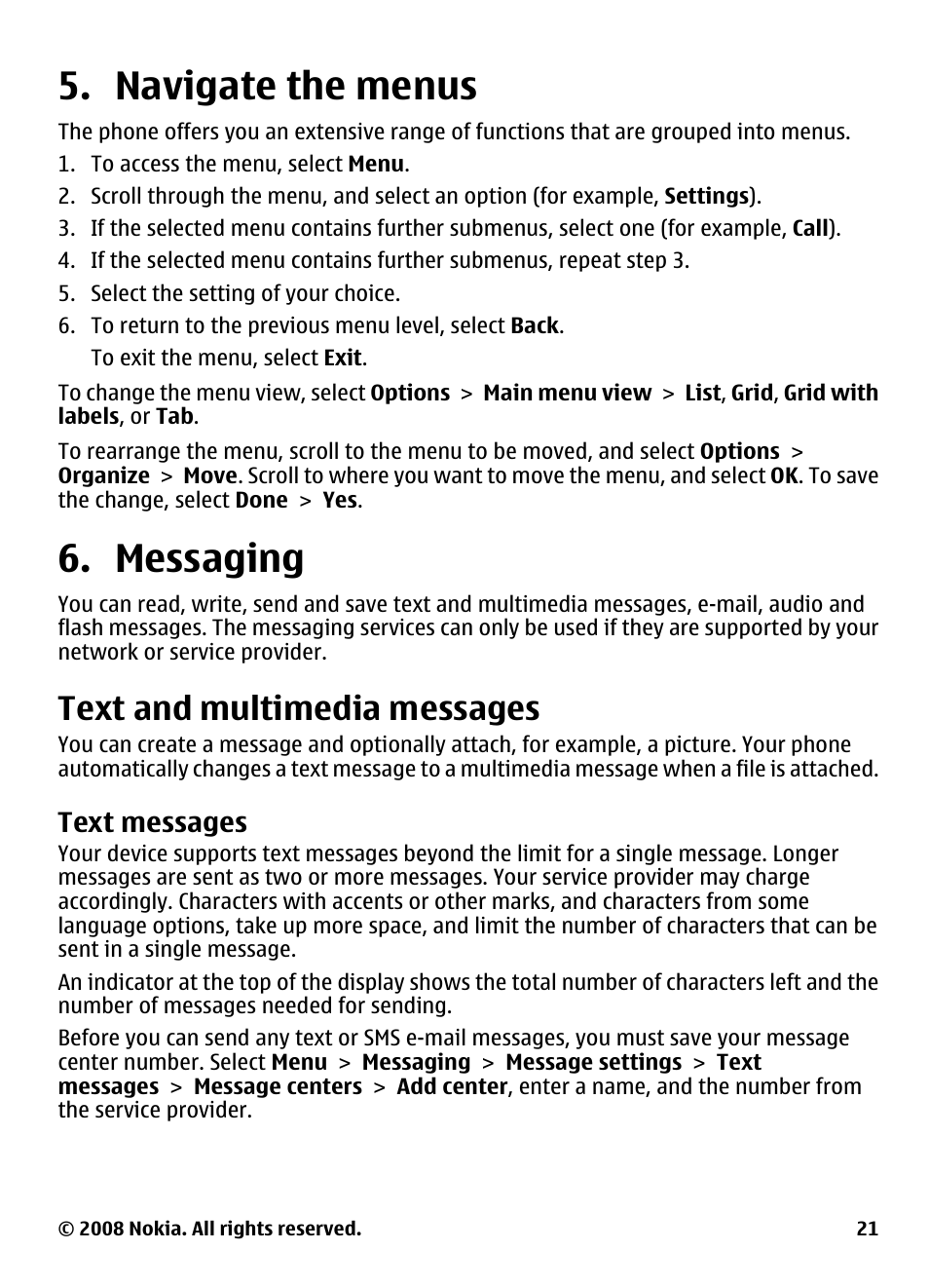 Navigate the menus, Messaging, Text and multimedia messages | Text messages, Navigate the menus 6. messaging | Nokia 3600 User Manual | Page 22 / 118