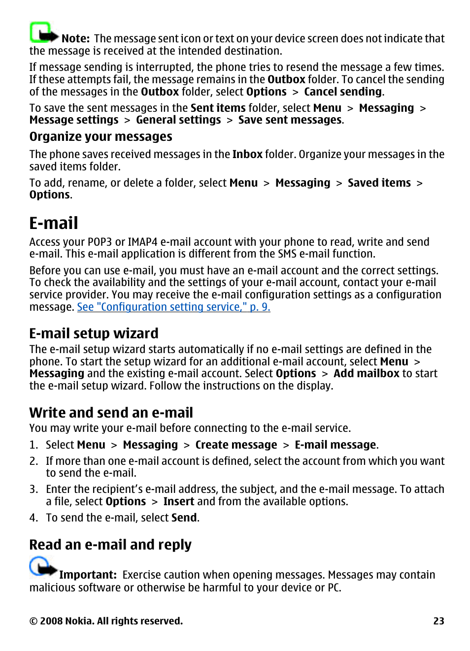E-mail, E-mail setup wizard, Write and send an e-mail | Read an e-mail and reply | Nokia 3600 User Manual | Page 24 / 118