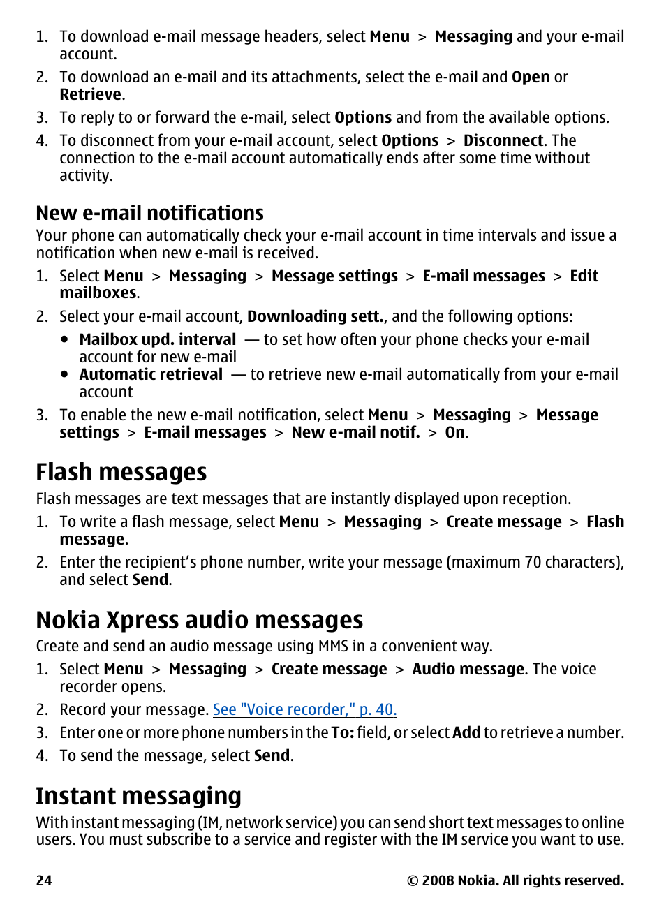 New e-mail notifications, Flash messages, Nokia xpress audio messages | Instant messaging | Nokia 3600 User Manual | Page 25 / 118