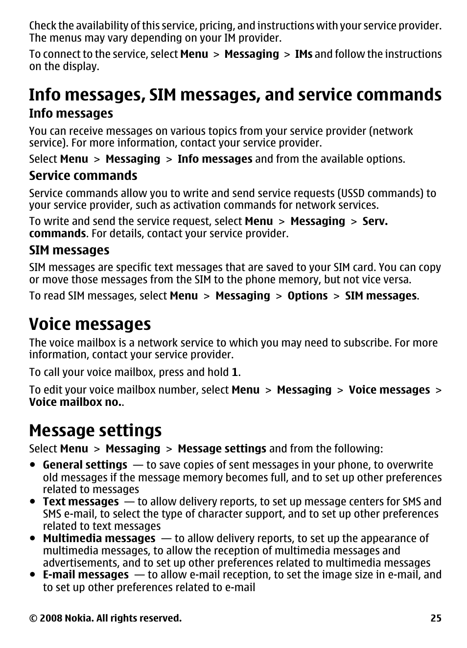 Info messages, sim messages, and service commands, Voice messages, Message settings | Info messages, sim messages, and, Service commands | Nokia 3600 User Manual | Page 26 / 118