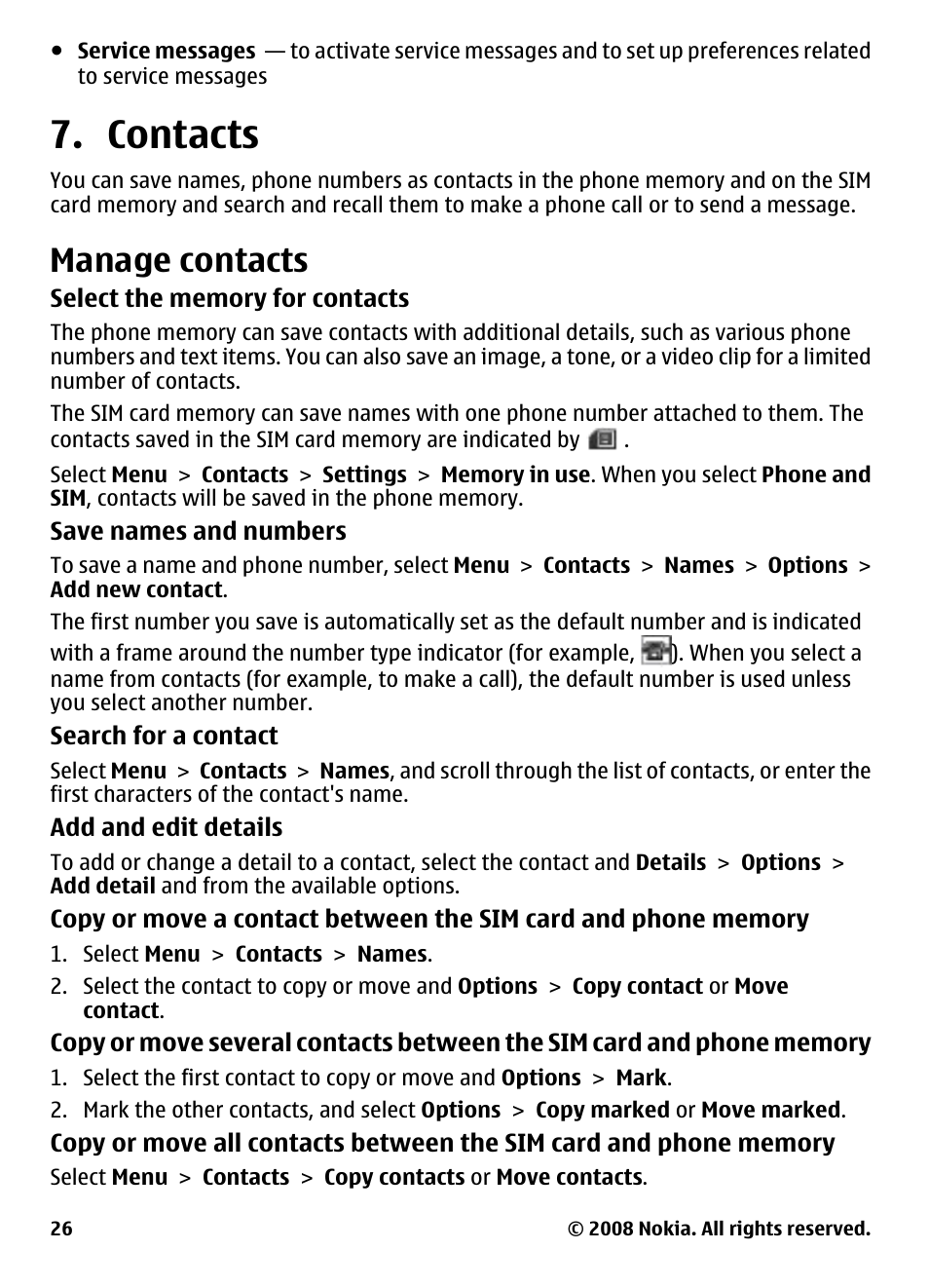 Contacts, Manage contacts, See "manage | Contacts," p. 26 | Nokia 3600 User Manual | Page 27 / 118