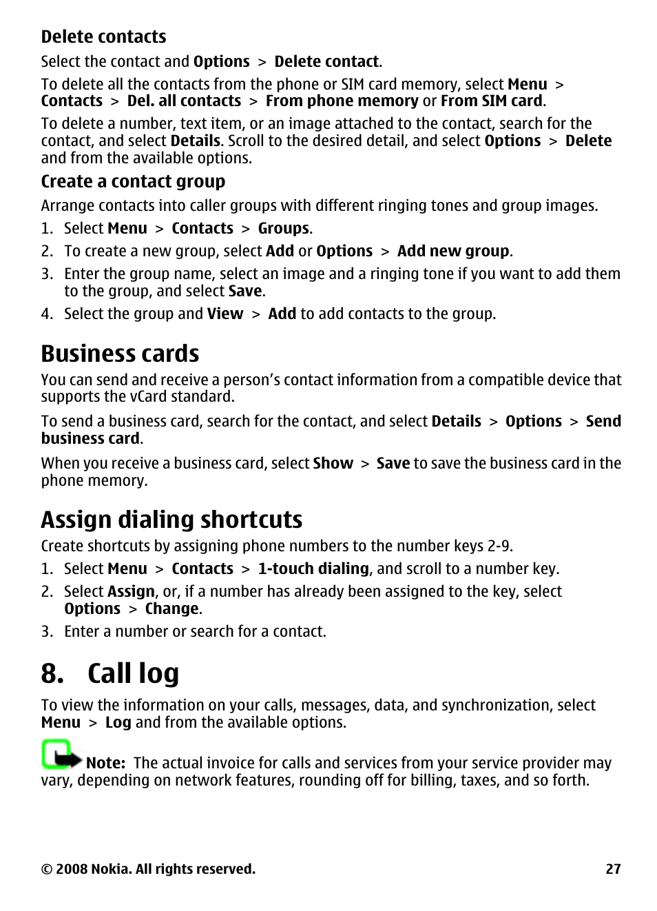 Business cards, Assign dialing shortcuts, Call log | Nokia 3600 User Manual | Page 28 / 118