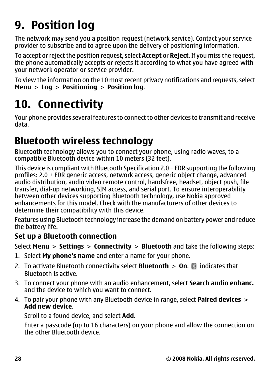Position log, Connectivity, Bluetooth wireless technology | Position log 10. connectivity | Nokia 3600 User Manual | Page 29 / 118