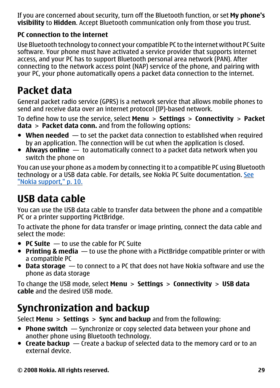 Packet data, Usb data cable, Synchronization and backup | Nokia 3600 User Manual | Page 30 / 118