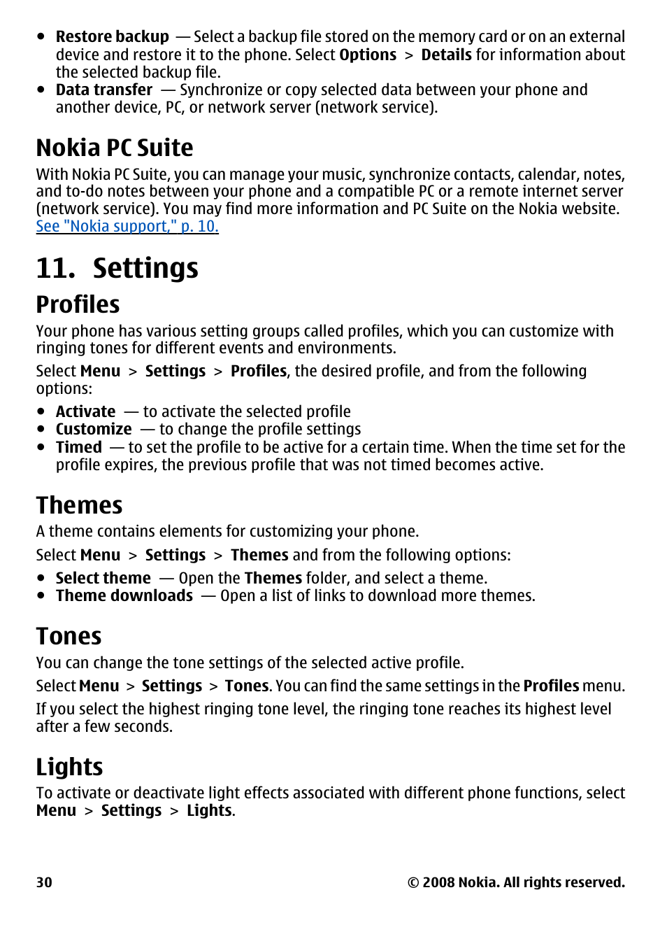 Nokia pc suite, Settings, Profiles | Themes, Tones, Lights | Nokia 3600 User Manual | Page 31 / 118
