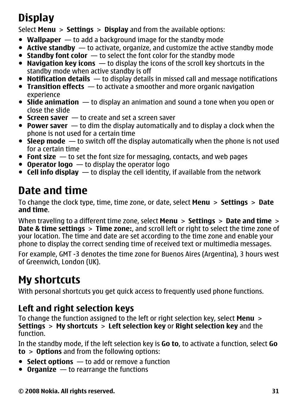 Display, Date and time, My shortcuts | Left and right selection keys, See "left and right, Selection keys," p. 31, Display," p. 31 | Nokia 3600 User Manual | Page 32 / 118