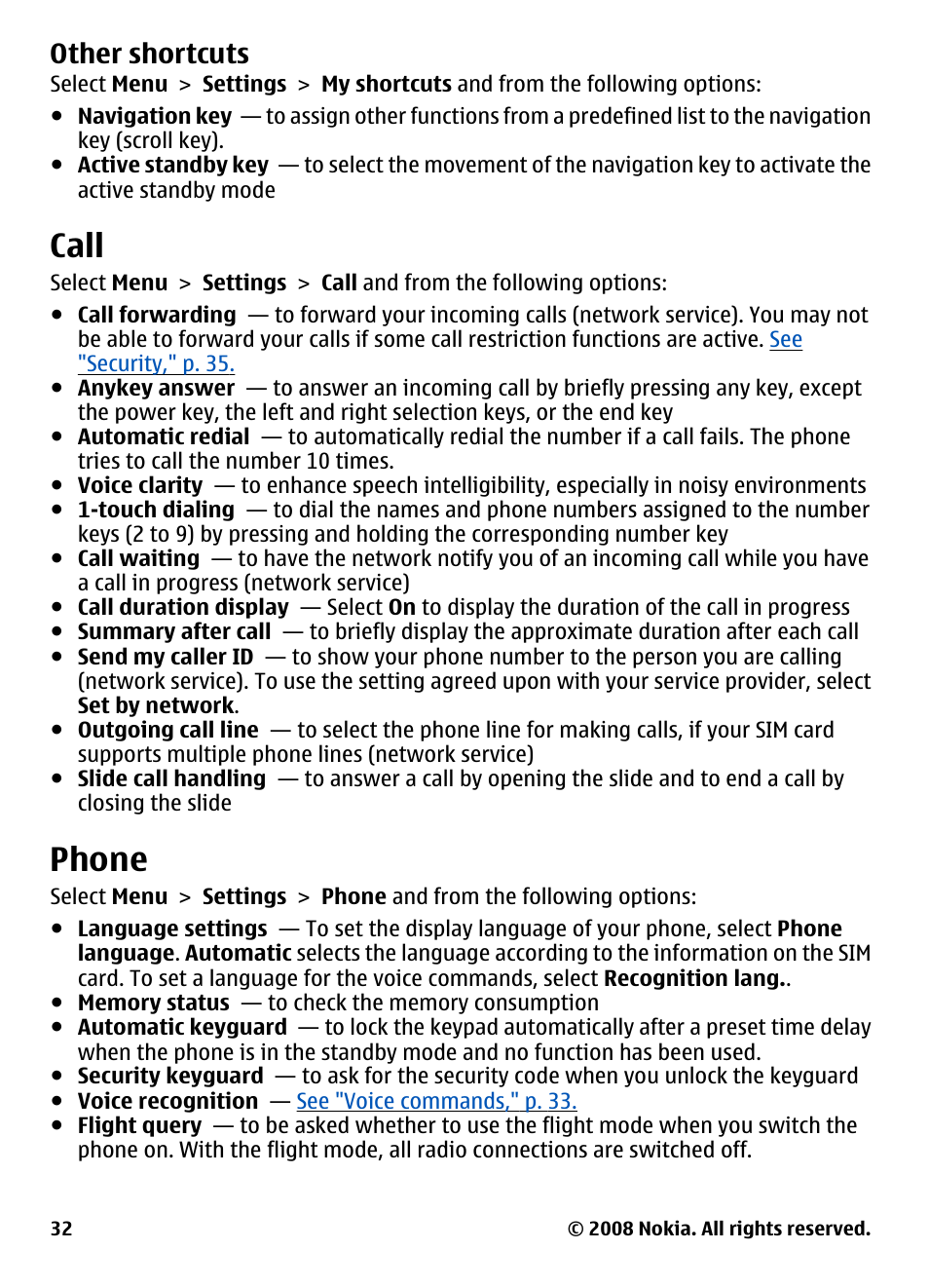 Other shortcuts, Call, Phone | Phone," p. 32 | Nokia 3600 User Manual | Page 33 / 118