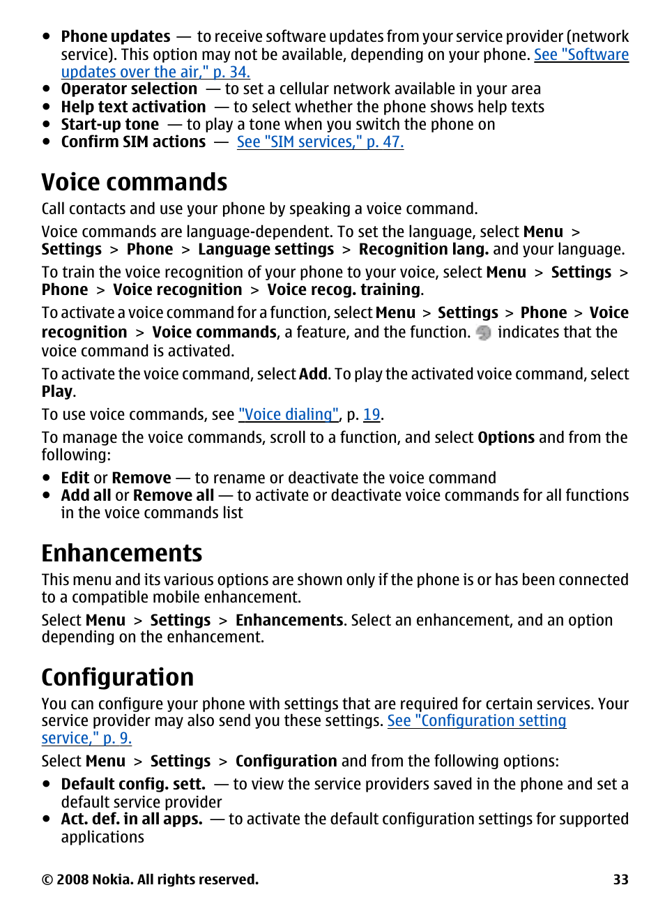 Voice commands, Enhancements, Configuration | Nokia 3600 User Manual | Page 34 / 118