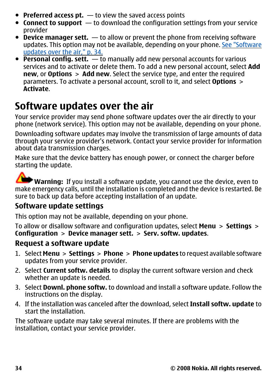 Software updates over the air, See "software updates over the air," p. 34, Phone | See "software, Updates over the air," p. 34 | Nokia 3600 User Manual | Page 35 / 118