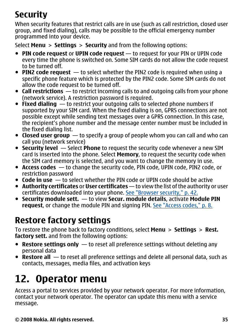 Security, Restore factory settings, Operator menu | See "restore factory settings," p. 35 | Nokia 3600 User Manual | Page 36 / 118