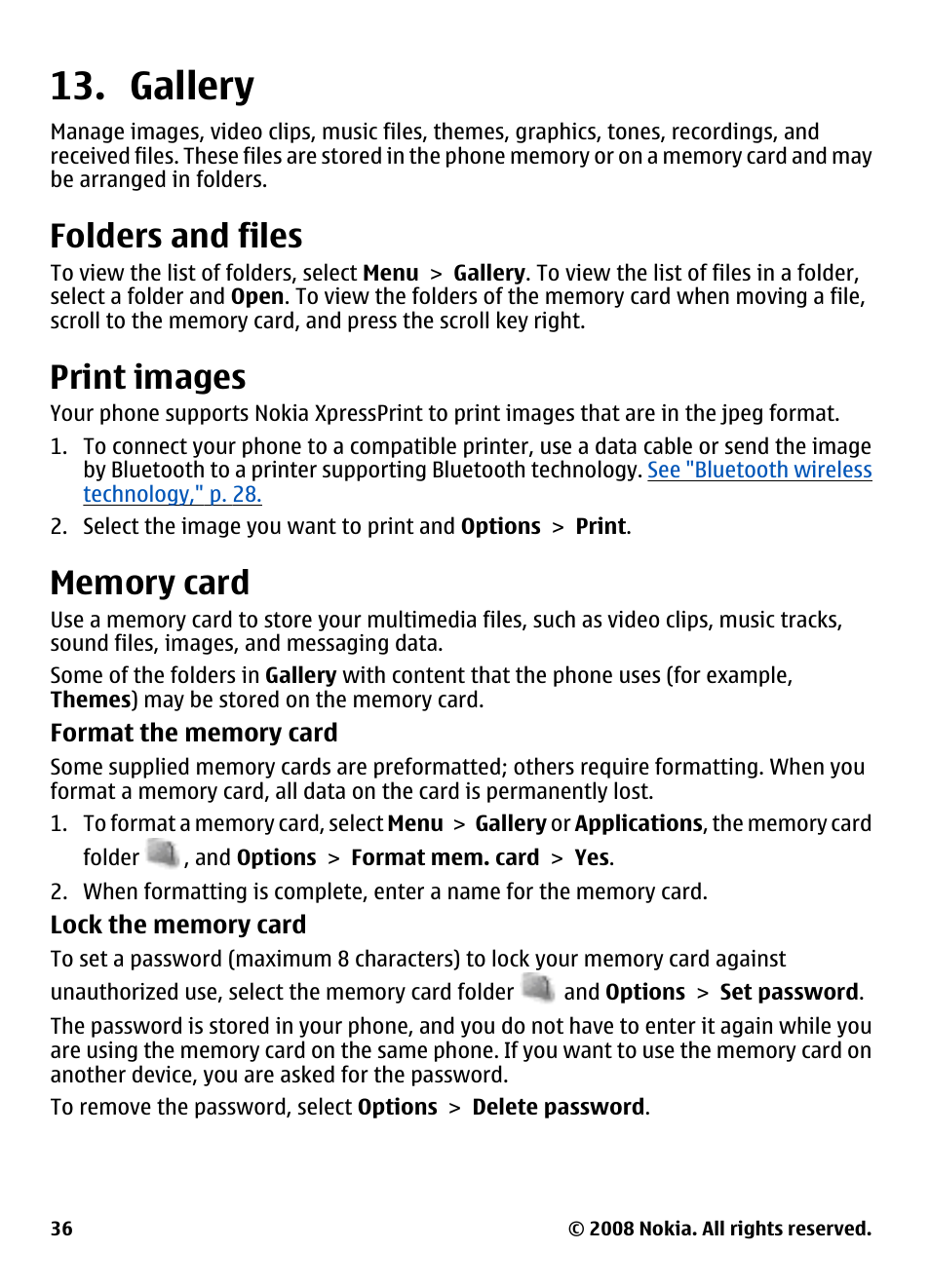 Gallery, Folders and files, Print images | Memory card | Nokia 3600 User Manual | Page 37 / 118