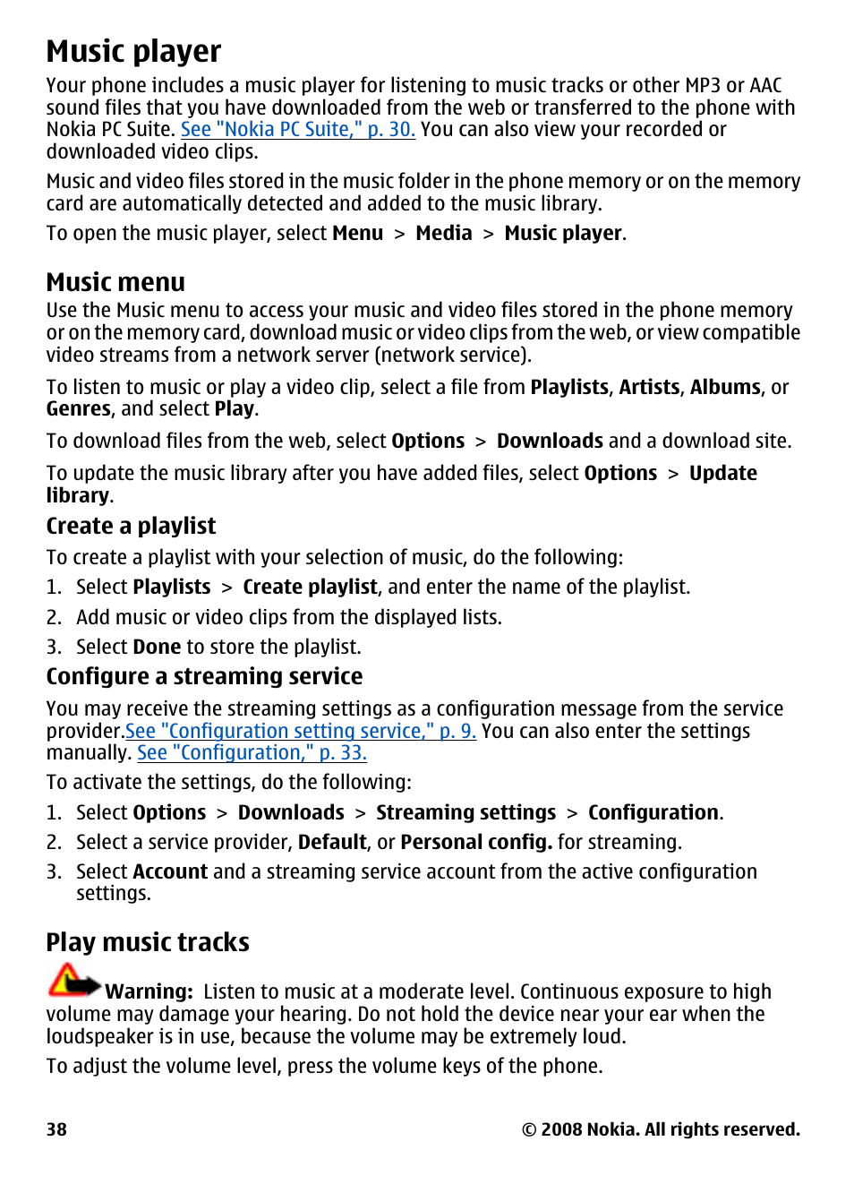 Music player, Music menu, Play music tracks | Nokia 3600 User Manual | Page 39 / 118