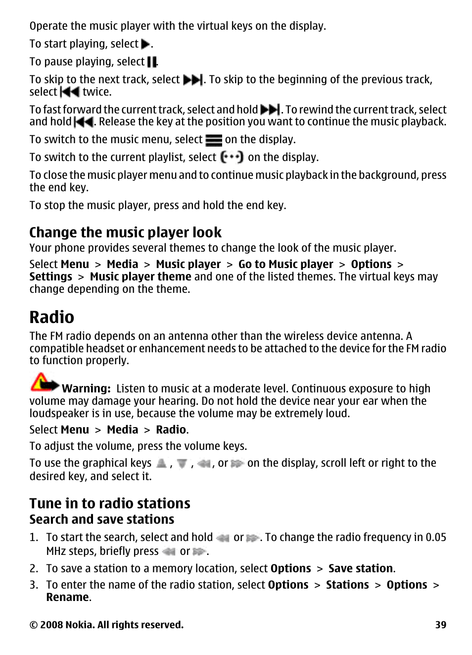 Change the music player look, Radio, Tune in to radio stations | Nokia 3600 User Manual | Page 40 / 118