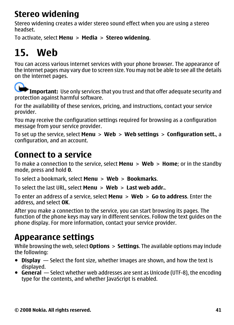 Stereo widening, Connect to a service, Appearance settings | Nokia 3600 User Manual | Page 42 / 118