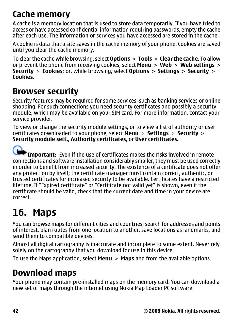 Cache memory, Browser security, Maps | Download maps | Nokia 3600 User Manual | Page 43 / 118