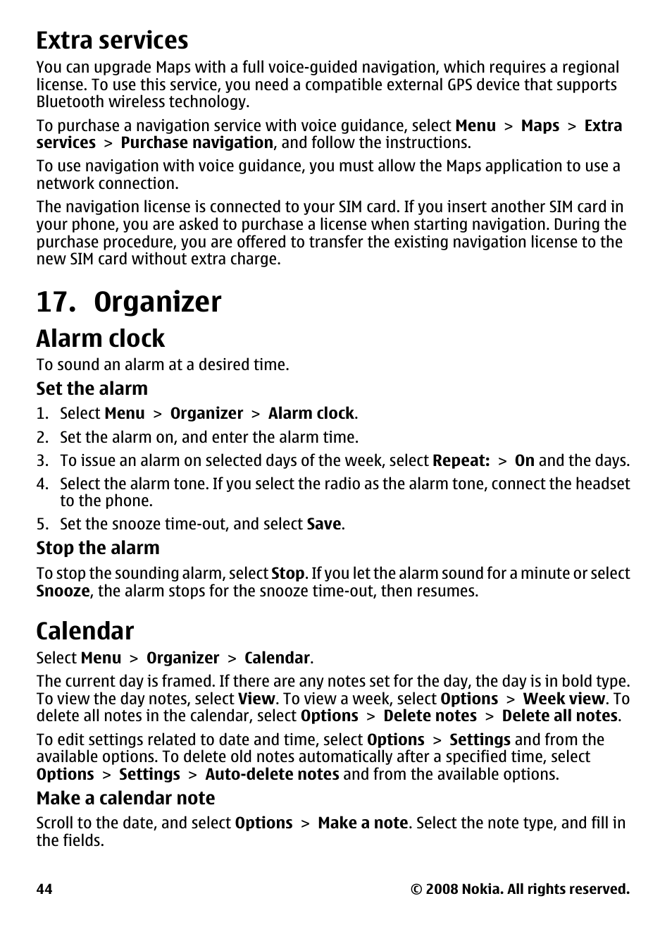 Extra services, Organizer, Alarm clock | Calendar | Nokia 3600 User Manual | Page 45 / 118