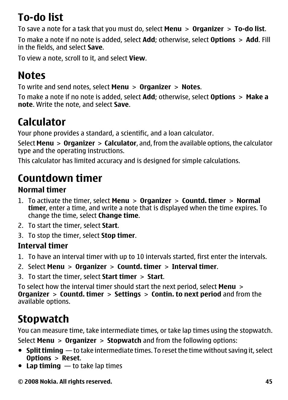 To-do list, Notes, Calculator | Countdown timer, Stopwatch | Nokia 3600 User Manual | Page 46 / 118