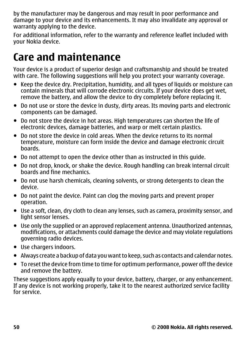 Care and maintenance | Nokia 3600 User Manual | Page 51 / 118
