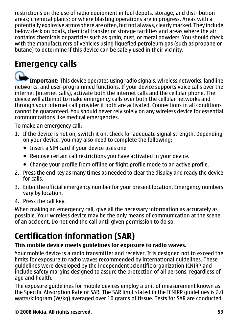 Emergency calls, Certification information (sar) | Nokia 3600 User Manual | Page 54 / 118