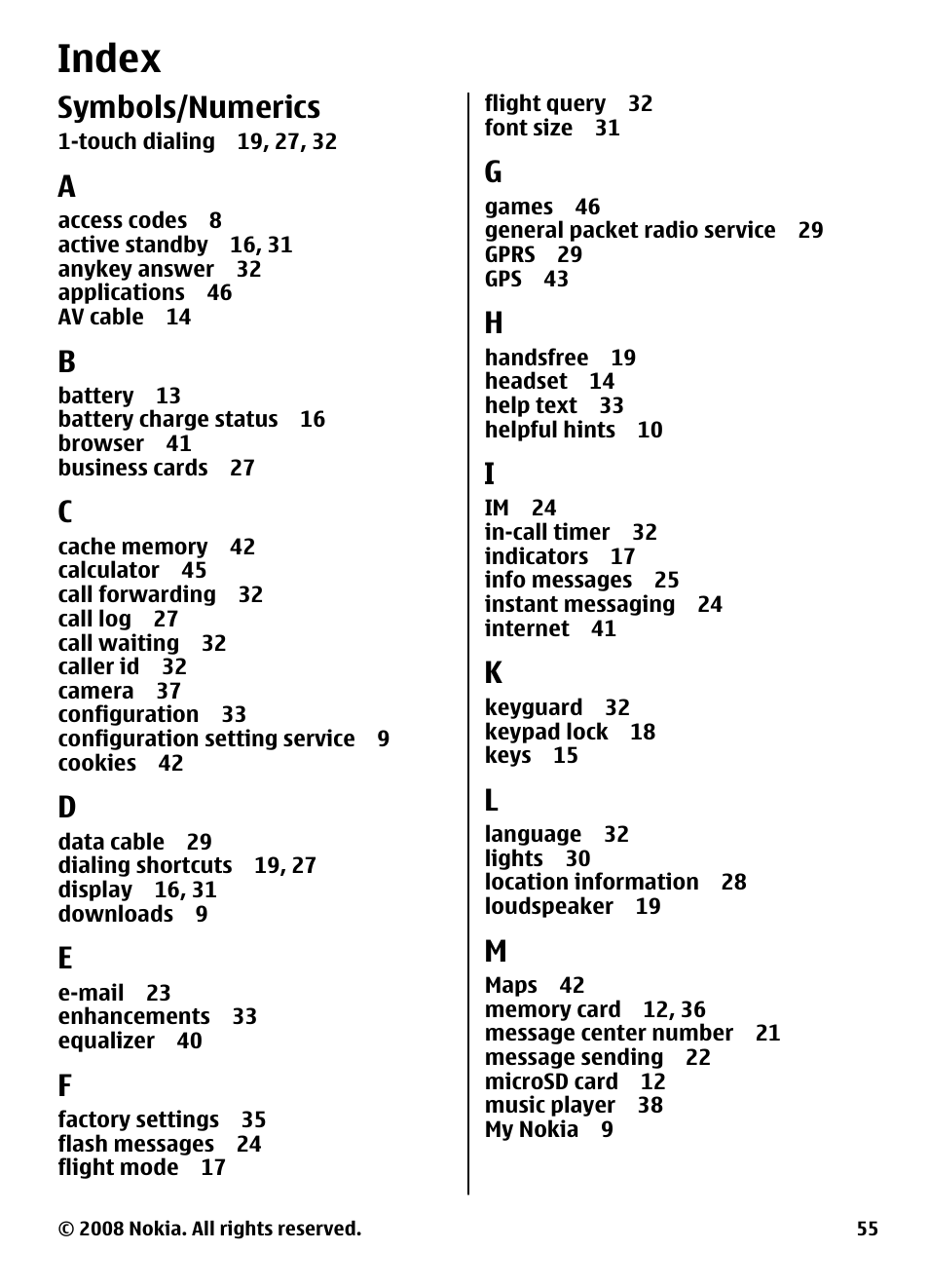 Index, Symbols/numerics | Nokia 3600 User Manual | Page 56 / 118
