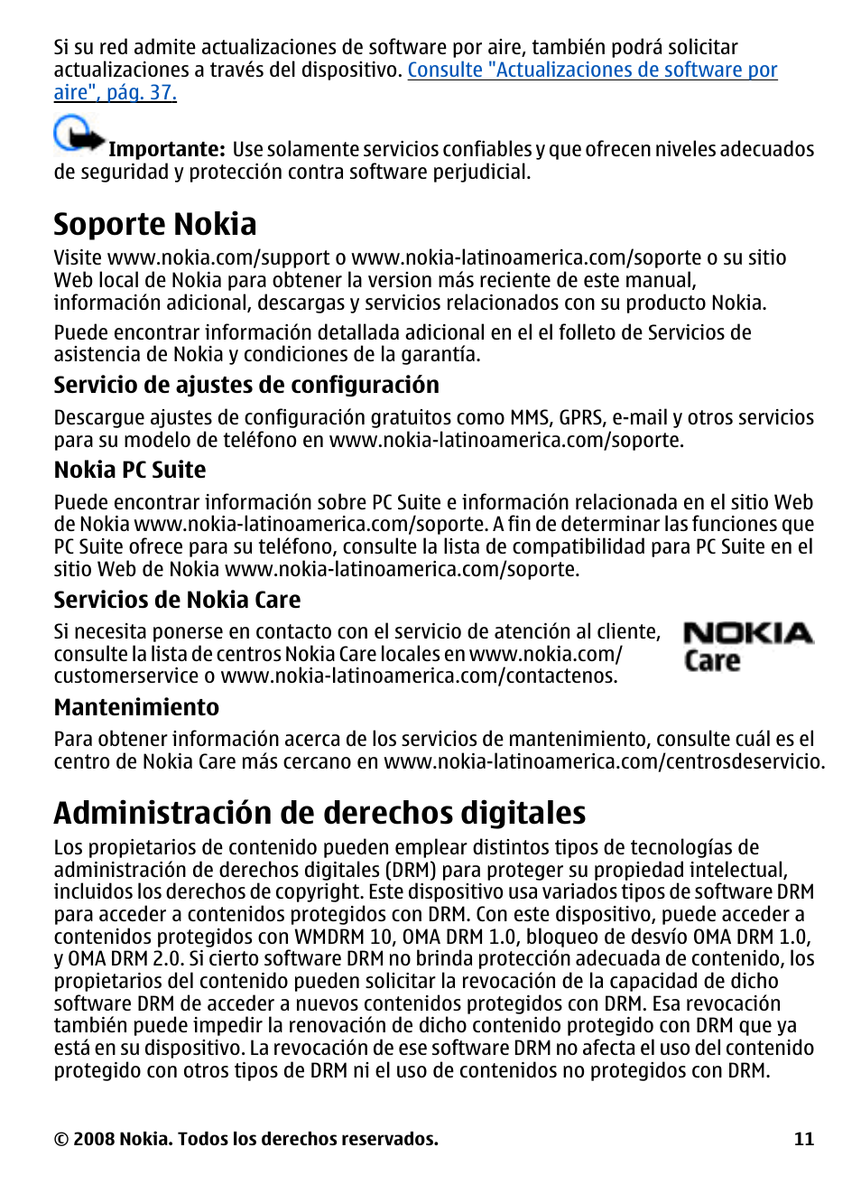 Soporte nokia, Administración de derechos digitales, Administración de derechos | Digitales, E con nokia care, Consulte "soporte, Nokia", pág. 11 | Nokia 3600 User Manual | Page 68 / 118