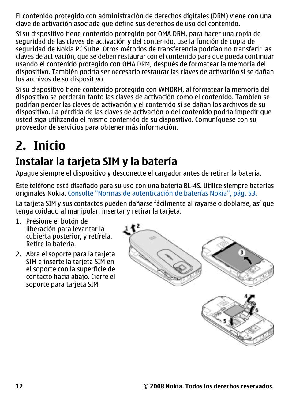 Inicio, Instalar la tarjeta sim y la batería | Nokia 3600 User Manual | Page 69 / 118