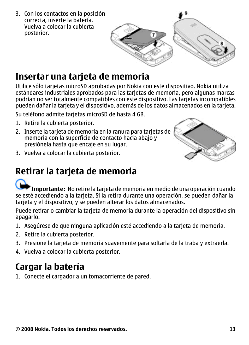 Insertar una tarjeta de memoria, Retirar la tarjeta de memoria, Cargar la batería | Nokia 3600 User Manual | Page 70 / 118