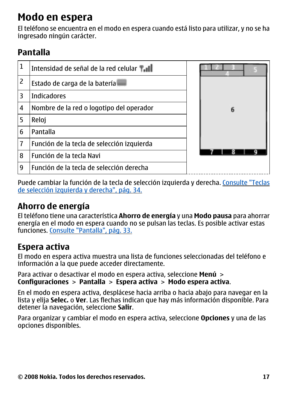 Modo en espera, Pantalla, Ahorro de energía | Espera activa | Nokia 3600 User Manual | Page 74 / 118