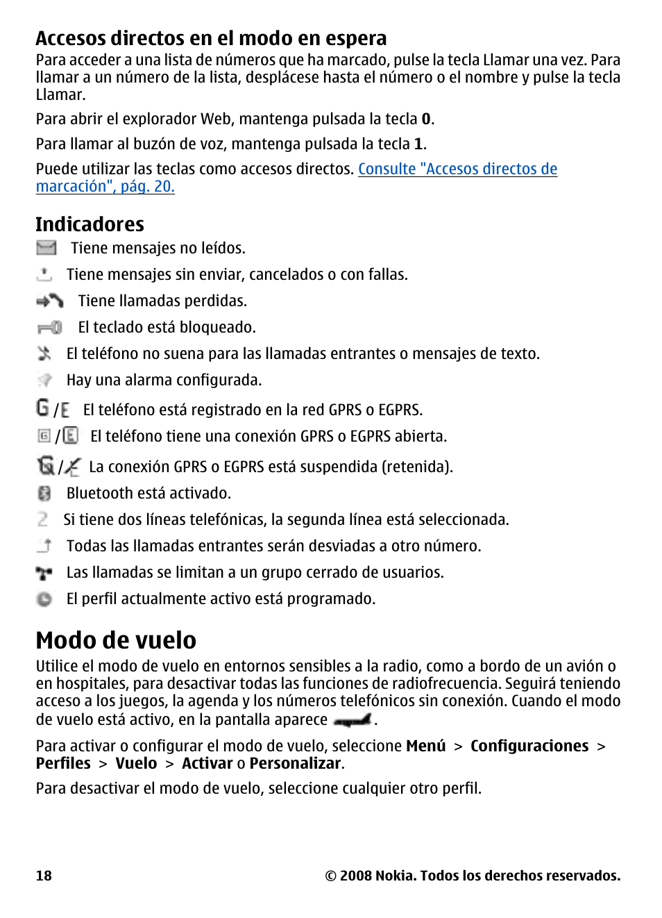 Accesos directos en el modo standby, Indicadores, Modo de vuelo | Accesos directos en el modo, En espera, Accesos directos en el modo en espera | Nokia 3600 User Manual | Page 75 / 118