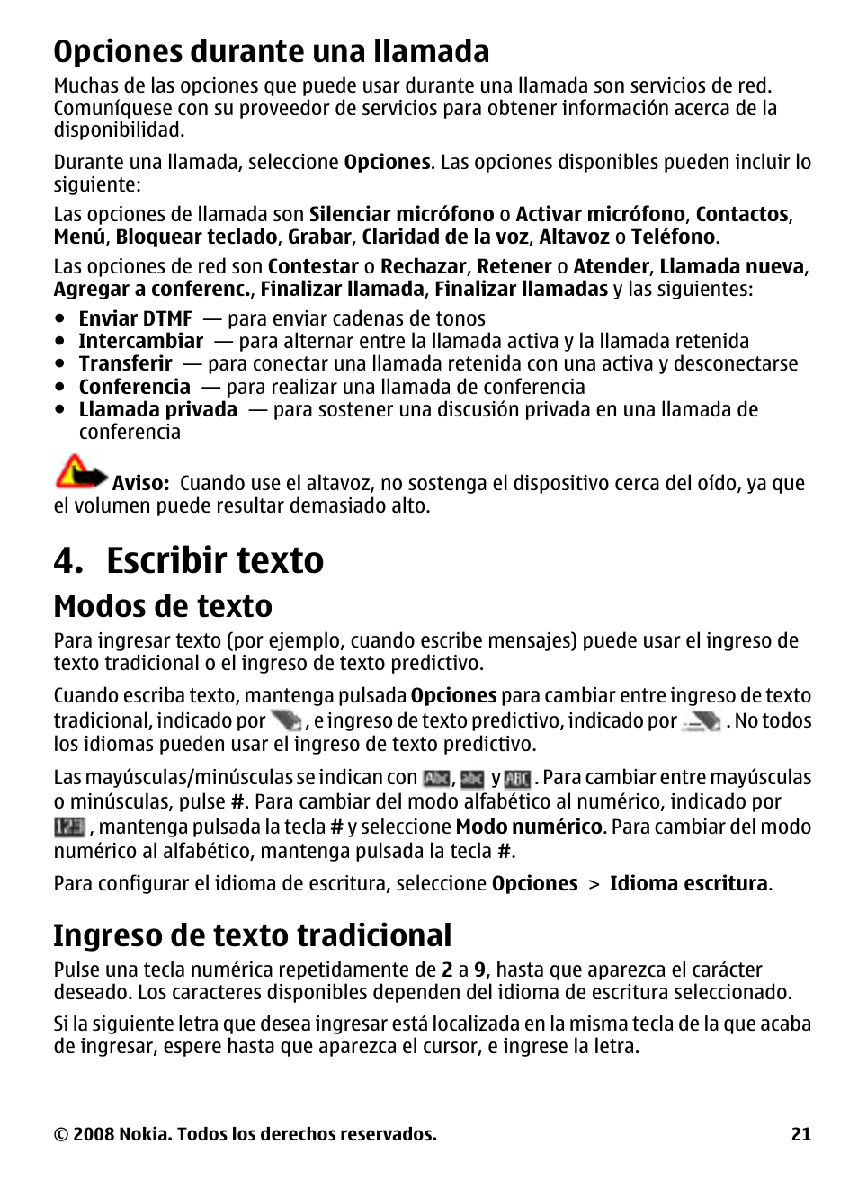 Opciones durante una llamada, Escribir texto, Modos de texto | Ingreso de texto tradicional | Nokia 3600 User Manual | Page 78 / 118
