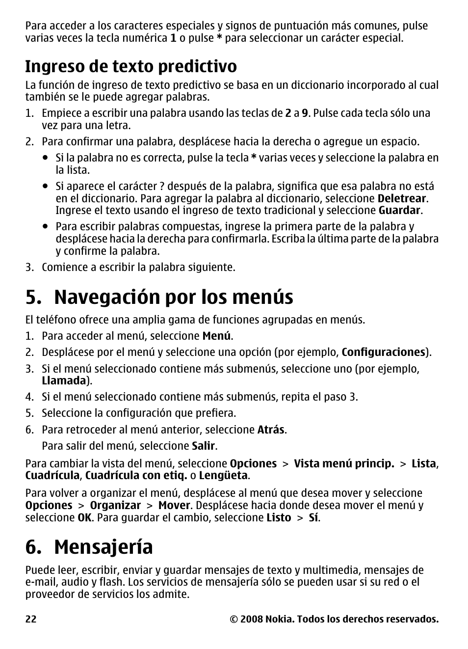 Ingreso de texto predictivo, Navegación por los menús, Mensajería | Navegación por los, Menús 6. mensajería | Nokia 3600 User Manual | Page 79 / 118